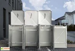 Cache-poubelle Triple En Acier Et Composite Aluminium 209 X 80 X 115 Cm -Abriet Mobilier Soldes Boutique abri poubelle triple acier aluminium ouvert