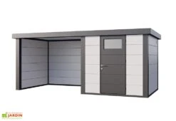 Abri De Jardin En Métal Avec Auvent Lounge – 12,5 M² 8 Abri De Jardin En Métal Avec Auvent Lounge – 12,5 M² -Abriet Mobilier Soldes Boutique cabane jardin auvent gauche lounge gris blanc
