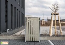 Cache-poubelle Simple En Acier Et Bois De Pin Traité 69 X 80 X 115 Cm -Abriet Mobilier Soldes Boutique cache poubelle acier pin gris 1