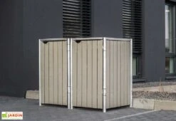 Cache-poubelle Double En Acier Et Bois De Pin Traité 139 X 80 X 115 Cm -Abriet Mobilier Soldes Boutique cache poubelle double acier bois hide gris 1