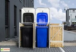 Cache-poubelle Double En Acier Et Bois De Pin Traité 139 X 80 X 115 Cm -Abriet Mobilier Soldes Boutique cache poubelle double acier bois hide ouvert 1