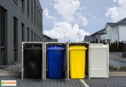 Cache-poubelle Triple En Acier Et Composite Aluminium 209 X 80 X 115 Cm -Abriet Mobilier Soldes Boutique cache poubelle triple acier aluminium ouvert 1