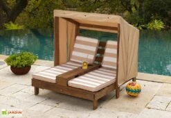 KidKraft Chaise Longue Double En Bois Pour Enfant + Auvent Et Coussins Marron