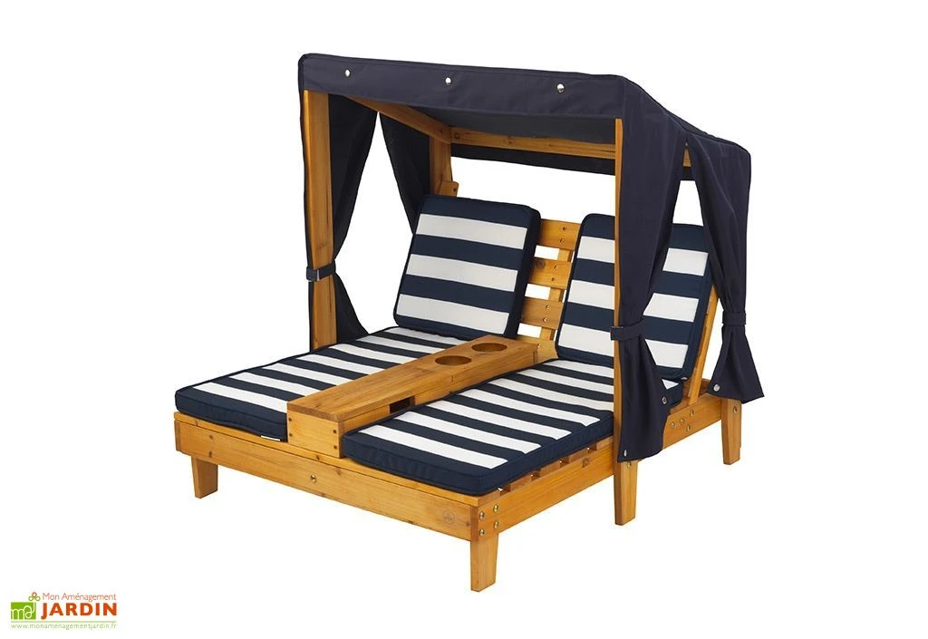 KidKraft Chaise Longue Double En Bois Pour Enfant + Auvent Et Coussins Bleus 2 KidKraft Chaise Longue Double En Bois Pour Enfant + Auvent Et Coussins Bleus – Image 2