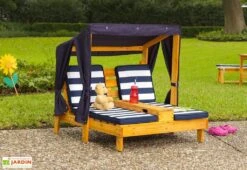 KidKraft Chaise Longue Double En Bois Pour Enfant + Auvent Et Coussins Bleus