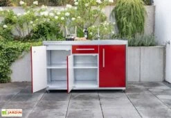 Cuisine Extérieure Avec évier, Réfrigérateur, Plaque à Induction – MO 150 S -Abriet Mobilier Soldes Boutique cuisine exterieure rouge ouverte 2 portes