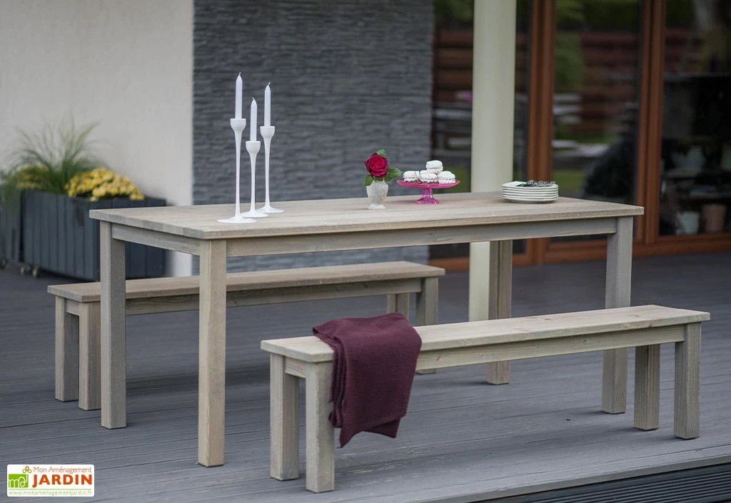Table De Jardin En Bois Huilé 178 Cm + 2 Bancs – Liepaja 1 Table De Jardin En Bois Huilé 178 Cm + 2 Bancs – Liepaja