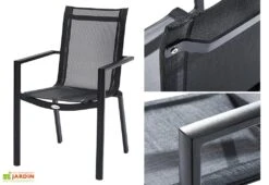 Salon De Jardin HPL Star Noir : Table Extensible Alu + 6 Fauteuils -Abriet Mobilier Soldes Boutique fauteuil aluminium textilene salon de jardin 6 10 personnes hpl