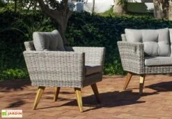 Hevea Salon De Jardin En Bois D’acacia Et Résine Tressée Meridien – 5 Places -Abriet Mobilier Soldes Boutique fauteuils de salon de jardin resine tressee