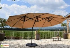 Parasol Déporté 3 Têtes 4,6 M En Aluminium Et Toile Taupe - Deporwide -Abriet Mobilier Soldes Boutique parasol deporte aluminium grande toile taupe 460cm 2 1