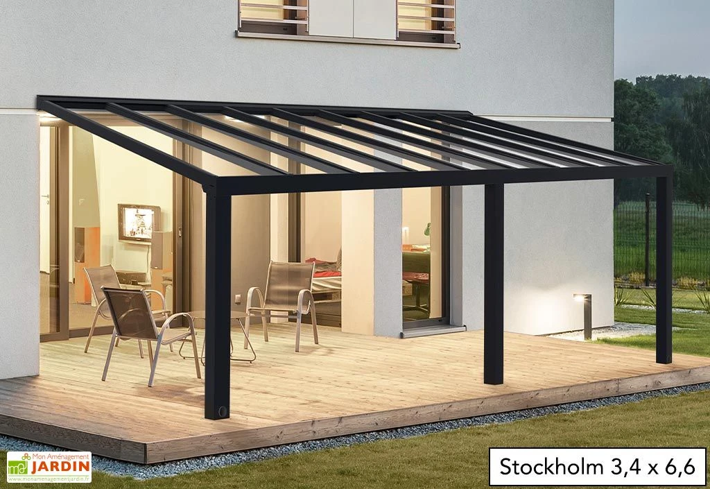 Pergola Adossée Aluminium Gris Et Polycarbonate - Stockholm 3,4 M + Stores 3 Pergola Adossée Aluminium Gris Et Polycarbonate - Stockholm 3,4 M + Stores – Image 3