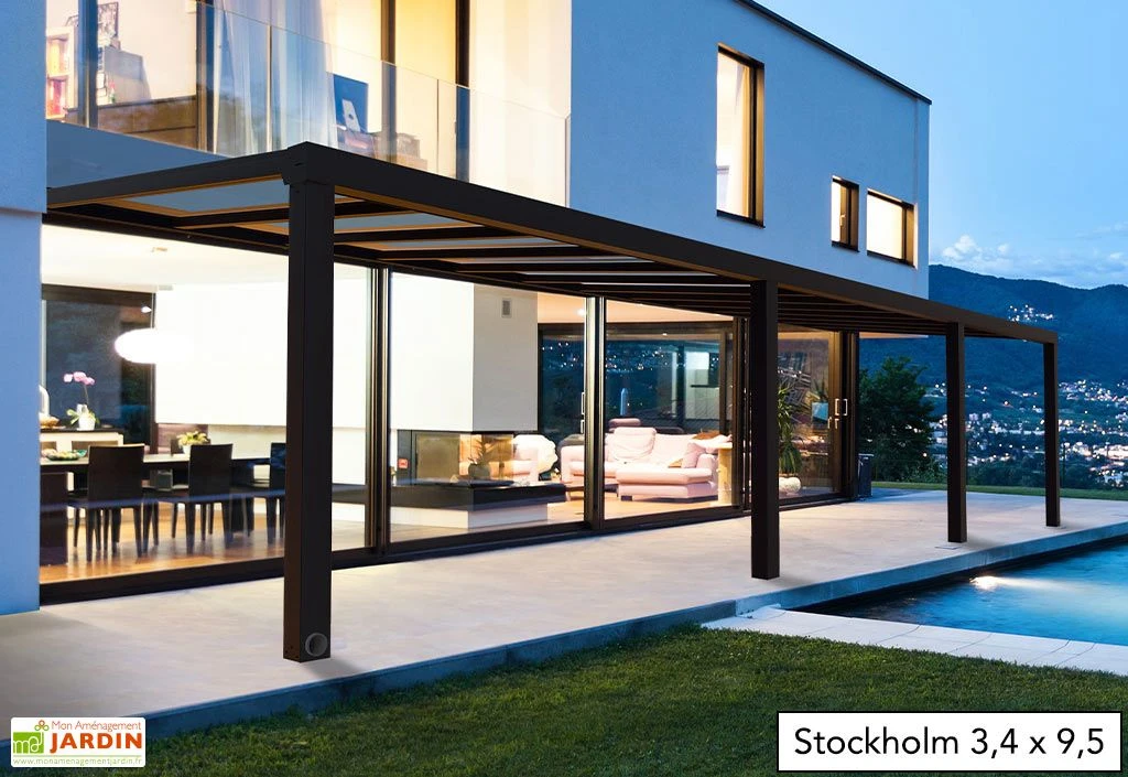 Pergola Adossée Aluminium Gris Et Polycarbonate - Stockholm 3,4 M + Stores 4 Pergola Adossée Aluminium Gris Et Polycarbonate - Stockholm 3,4 M + Stores – Image 4