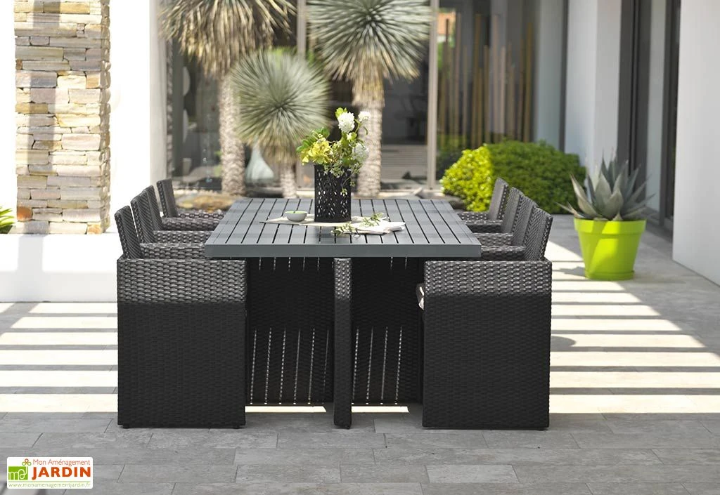 Salon De Jardin Résine Tressée Encastrable Noir : 1 Table + 8 Fts 1 Salon De Jardin Résine Tressée Encastrable Noir : 1 Table + 8 Fts