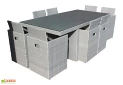 Salon De Jardin En Résine Tressée Encastrable Gris : 1 Table + 8 Fts -Abriet Mobilier Soldes Boutique salon de jardin resine pvc 8 gris 1