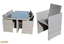 Salon De Jardin En Résine Tressée Encastrable Gris : 1 Table + 8 Fts -Abriet Mobilier Soldes Boutique salon de jardin resine pvc 8 gris