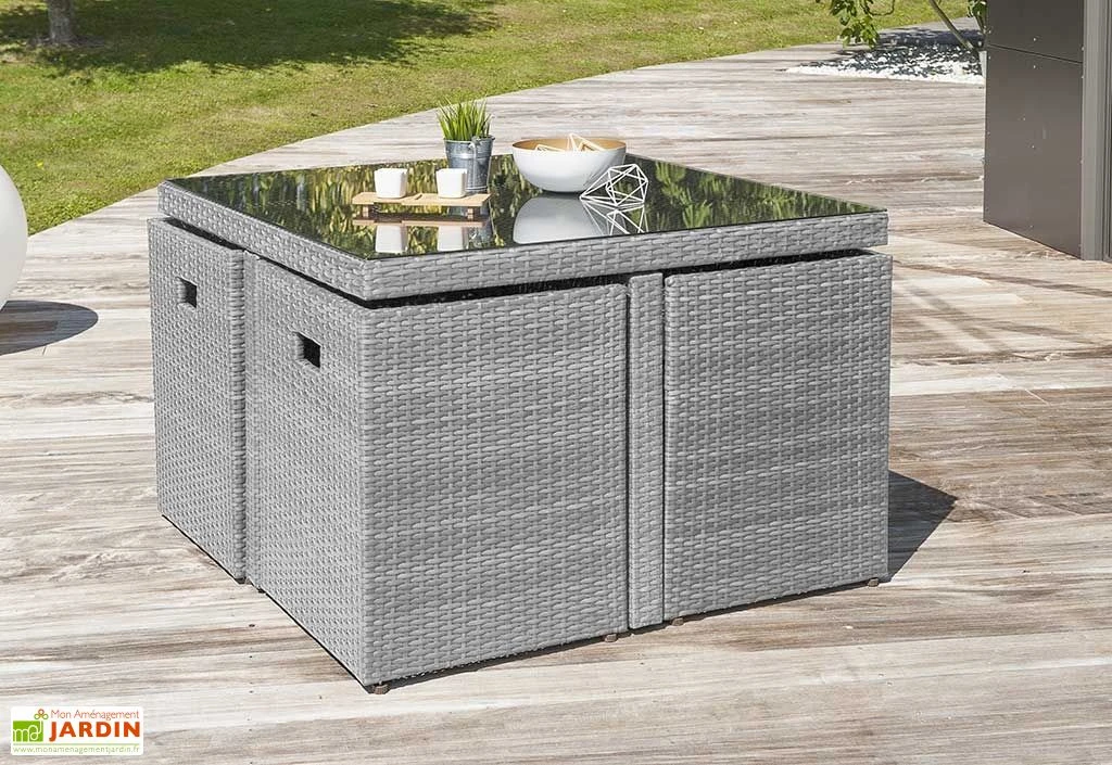 Salon De Jardin En Résine Tressée Encastrable Gris : 1 Table + 4 Fts 2 Salon De Jardin En Résine Tressée Encastrable Gris : 1 Table + 4 Fts – Image 2