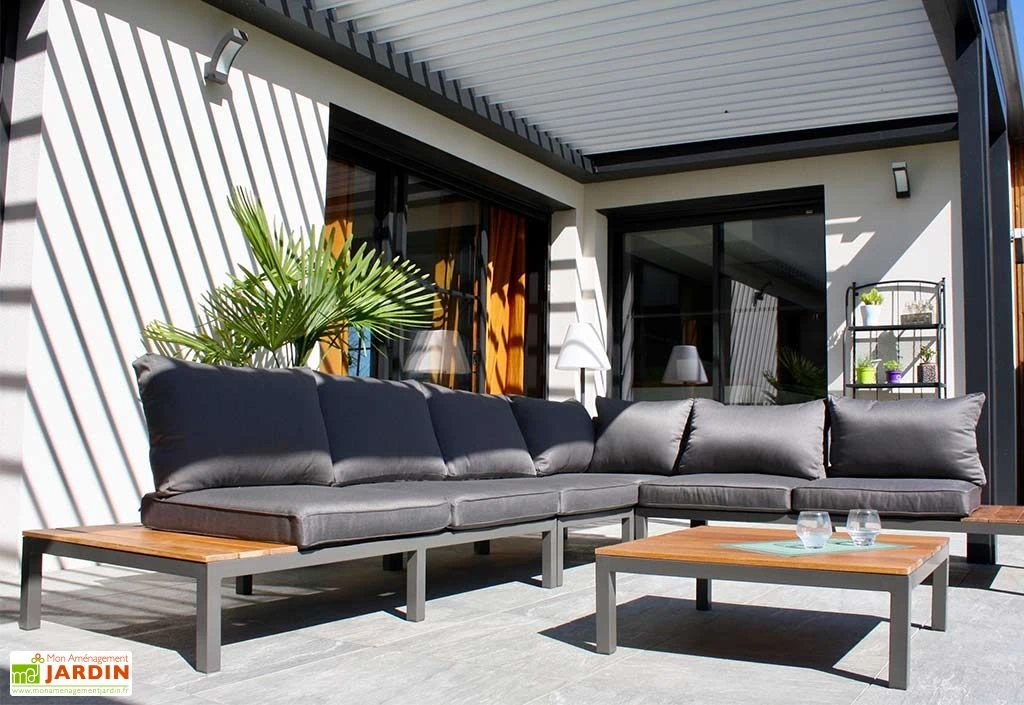 Salon De Jardin 6 Places En Aluminium Et Bois De Teck Nagano 2 Salon De Jardin 6 Places En Aluminium Et Bois De Teck Nagano – Image 2