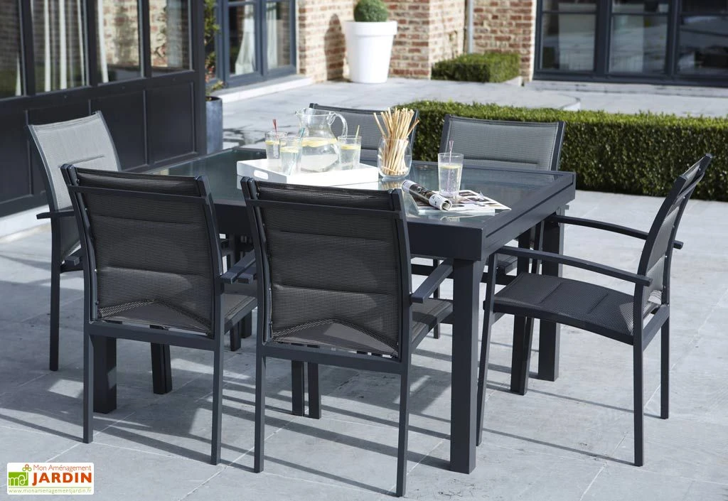 Salon De Jardin Modulo : Table Extensible + 6 Fauteuils Gris 1 Salon De Jardin Modulo : Table Extensible + 6 Fauteuils Gris