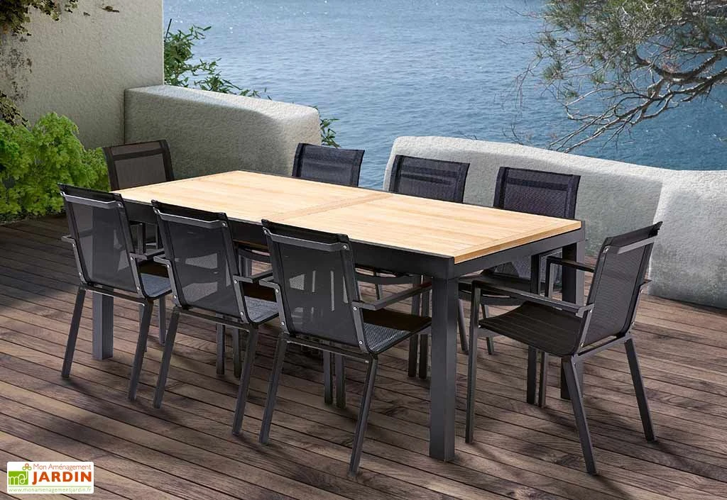 Salon De Jardin Bali Aluminium Et Teck : Table Extensible + 8 Fauteuils 6 Salon De Jardin Bali Aluminium Et Teck : Table Extensible + 8 Fauteuils – Image 6