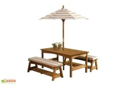 KidKraft Salon De Jardin Bois Pour Enfants : Table, Bancs, Parasol Taupe