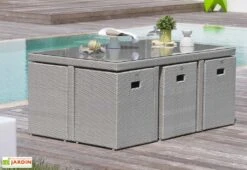 Salon De Jardin En Résine Tressée Encastrable : 11 Pièces, 2 Coloris -Abriet Mobilier Soldes Boutique salon jardin resine tressee 10 places 6fauteuils 4 poufs 5