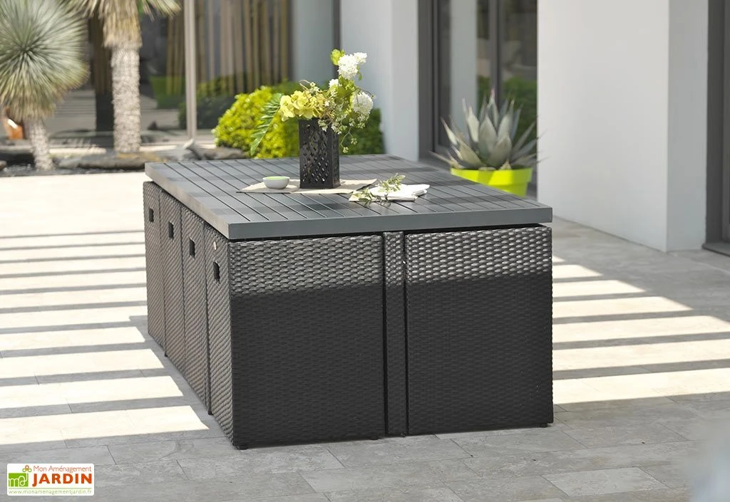 Salon De Jardin Résine Tressée Encastrable Noir : 1 Table + 8 Fts 3 Salon De Jardin Résine Tressée Encastrable Noir : 1 Table + 8 Fts – Image 3