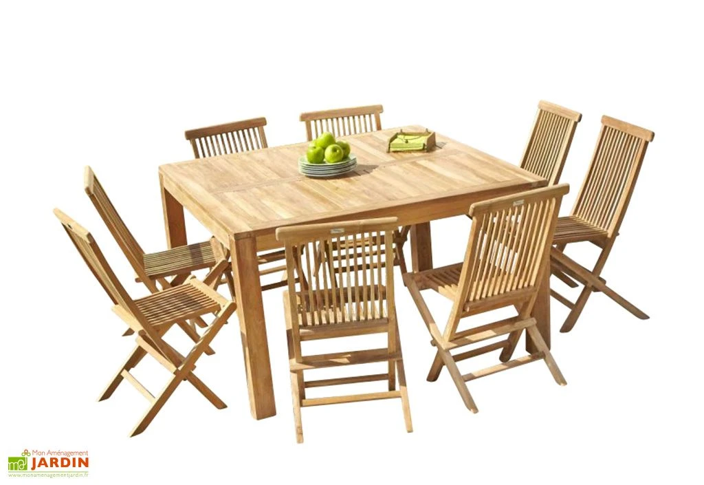 Salon De Jardin En Bois De Teck – 1 Table Carrée 140 Cm Et 8 Chaises 1 Salon De Jardin En Bois De Teck – 1 Table Carrée 140 Cm Et 8 Chaises
