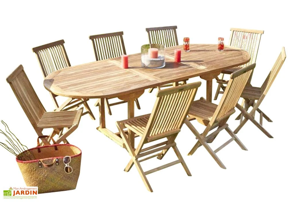 Salon De Jardin En Bois De Teck – 1 Table Ovale 240 Cm Et 8 Chaises 1 Salon De Jardin En Bois De Teck – 1 Table Ovale 240 Cm Et 8 Chaises