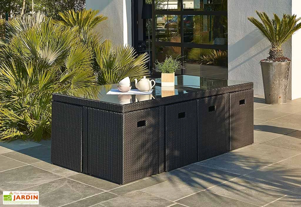 Salon De Jardin En Résine Tressée Encastrable Noir : 1 Table + 8 Fts 2 Salon De Jardin En Résine Tressée Encastrable Noir : 1 Table + 8 Fts – Image 2