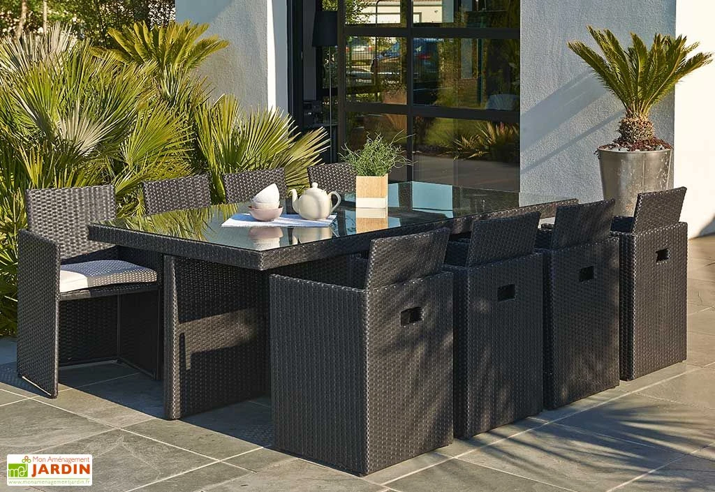 Salon De Jardin En Résine Tressée Encastrable Noir : 1 Table + 8 Fts 1 Salon De Jardin En Résine Tressée Encastrable Noir : 1 Table + 8 Fts
