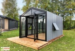 Serre De Jardin En Bois Et Verre Trempé Avec Panneaux Occultants – Tournesol -Abriet Mobilier Soldes Boutique serre jardin bois gris panneaux stali design 06