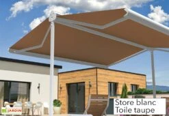 Store Banne Double Pente Avec Coffre – Enargite 4 X 6 M Manuel -Abriet Mobilier Soldes Boutique store double pente alu blanc toile taupe
